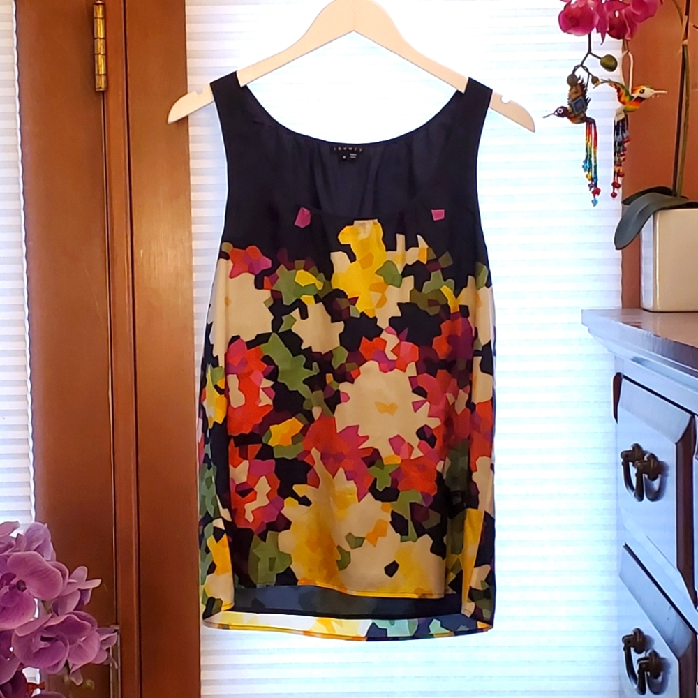 Theory Floral Print Silk Tank Top